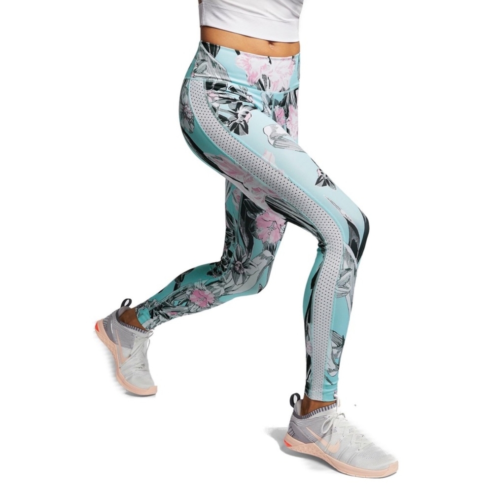 Nike Dri Fit Teal Blue and Pink Floral Leggings with High-Waisted Fit XS